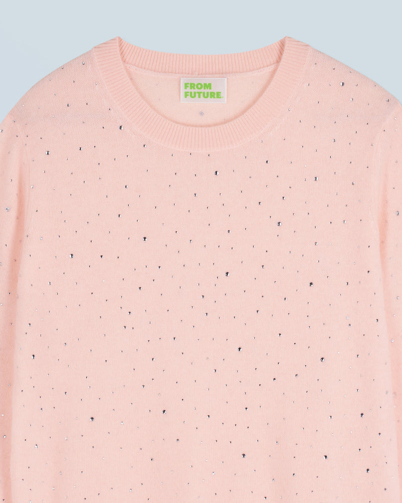 Pull Col Rond Strass Allover Léger H24 - Baby Pink - Femme