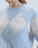 Pull Col Rond En Cachemire Brossé À Motif Losange H24 - Femme - Baby Blue