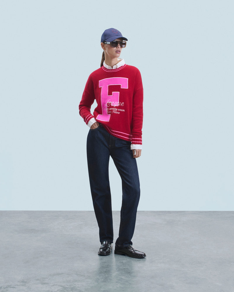 F Round Neck Sweater - Dark Red - 100% Cashmere - Women