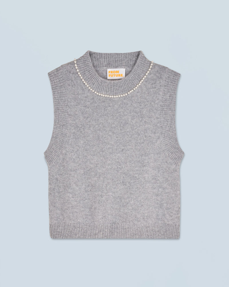 Pull Sans Manche Perles À L'Encolure H24 - Femme - Gris Chiné Foncé - 100% Cachemire