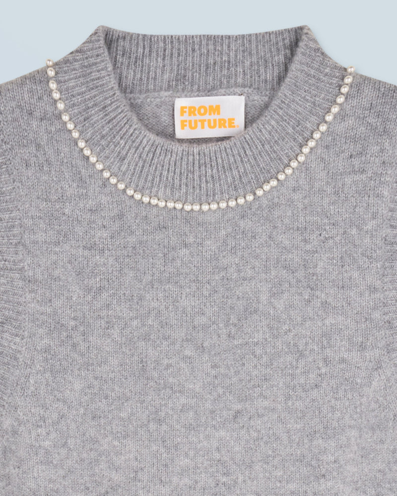 Pull Sans Manche Perles À L'Encolure H24 - Femme - Gris Chiné Foncé - 100% Cachemire