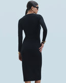 Robe Longue Manche Longue À Cotes Fendue H24 - Noir - Femme