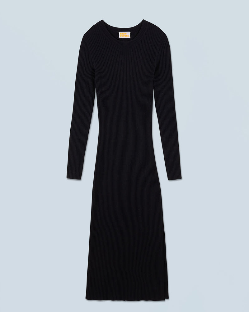 Robe Longue Manche Longue À Cotes Fendue H24 - Noir - Femme