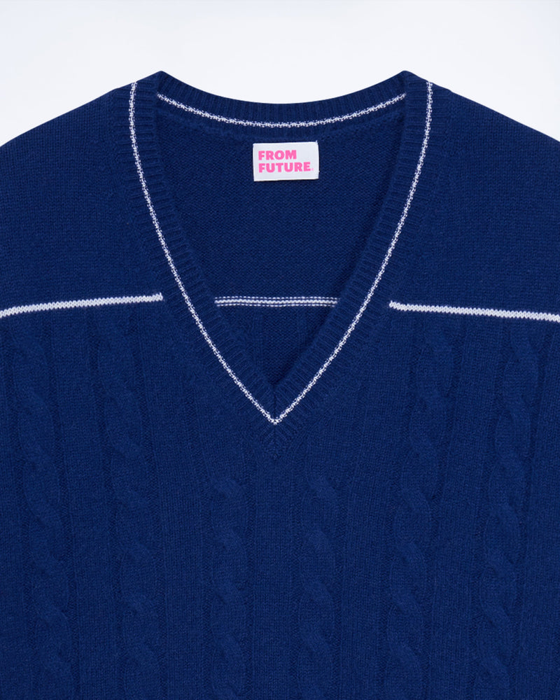 Future V-Neck Cable Sweater - College Blue - Woman