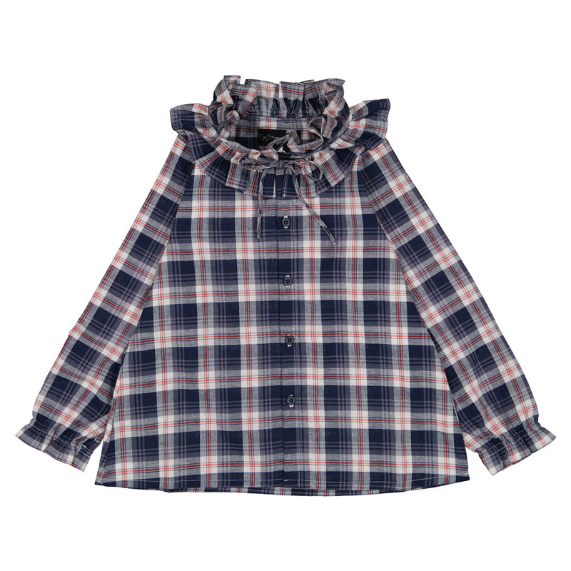 Blouse Chevaleret   Tartan Coton Gots Col Victorien  - Bleu