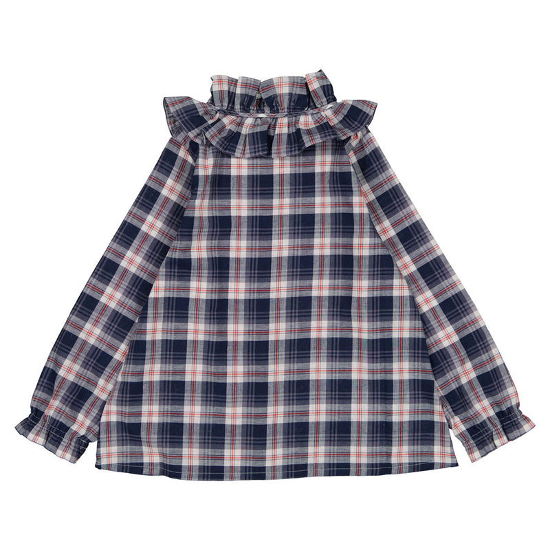 Blouse Chevaleret   Tartan Coton Gots Col Victorien  - Bleu