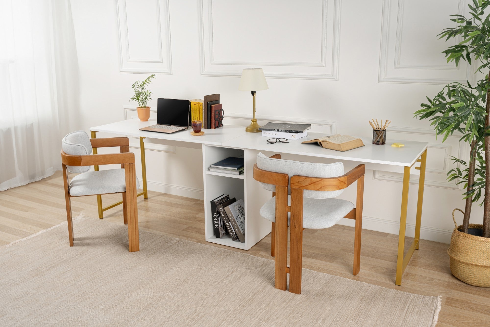 Twin Study Desk - Escritorio - Blanco/Dorado
