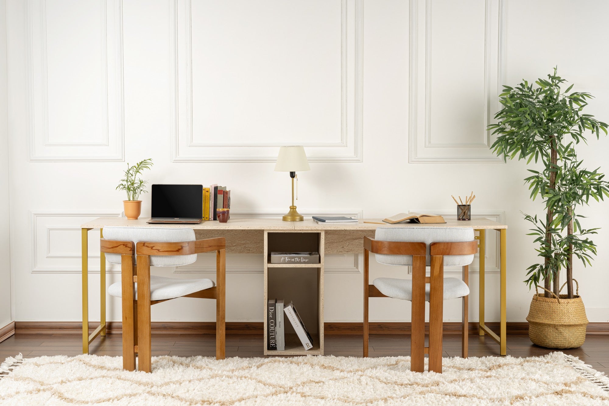 Twin Study Desk - Desk - Travertine/Gold