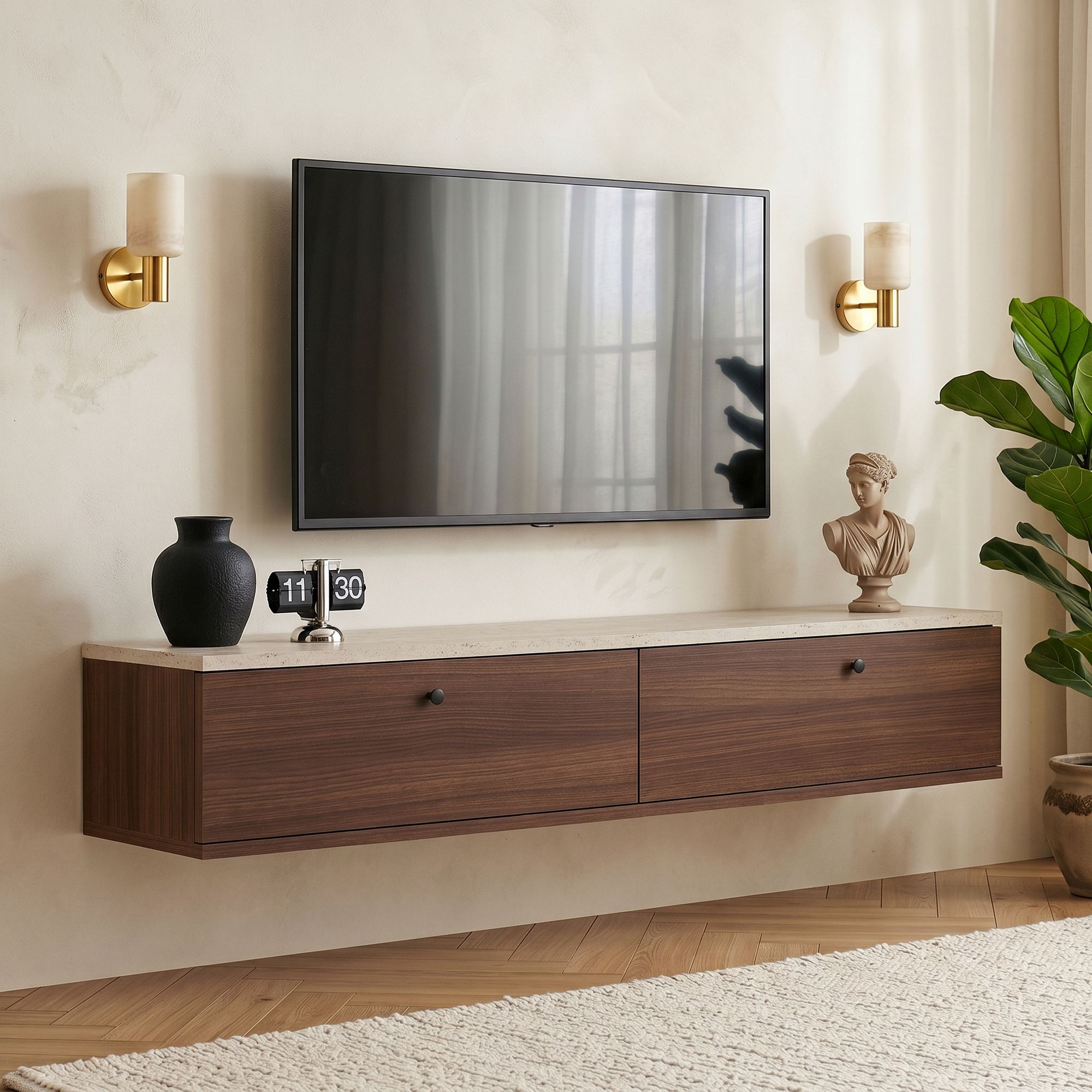 Meubles Tv Ligne 140 - Travertin / Noyer