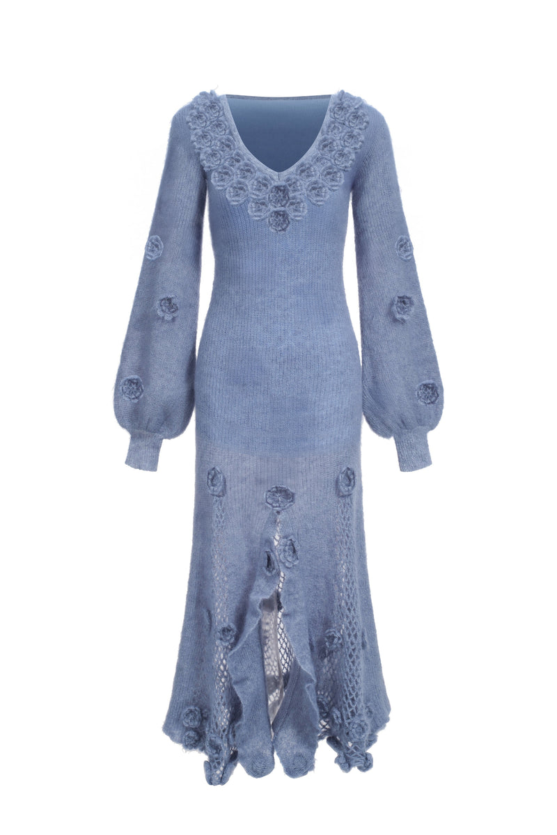 Robe En Mohair Mélangé En Crochet À Fleurs - Bleu