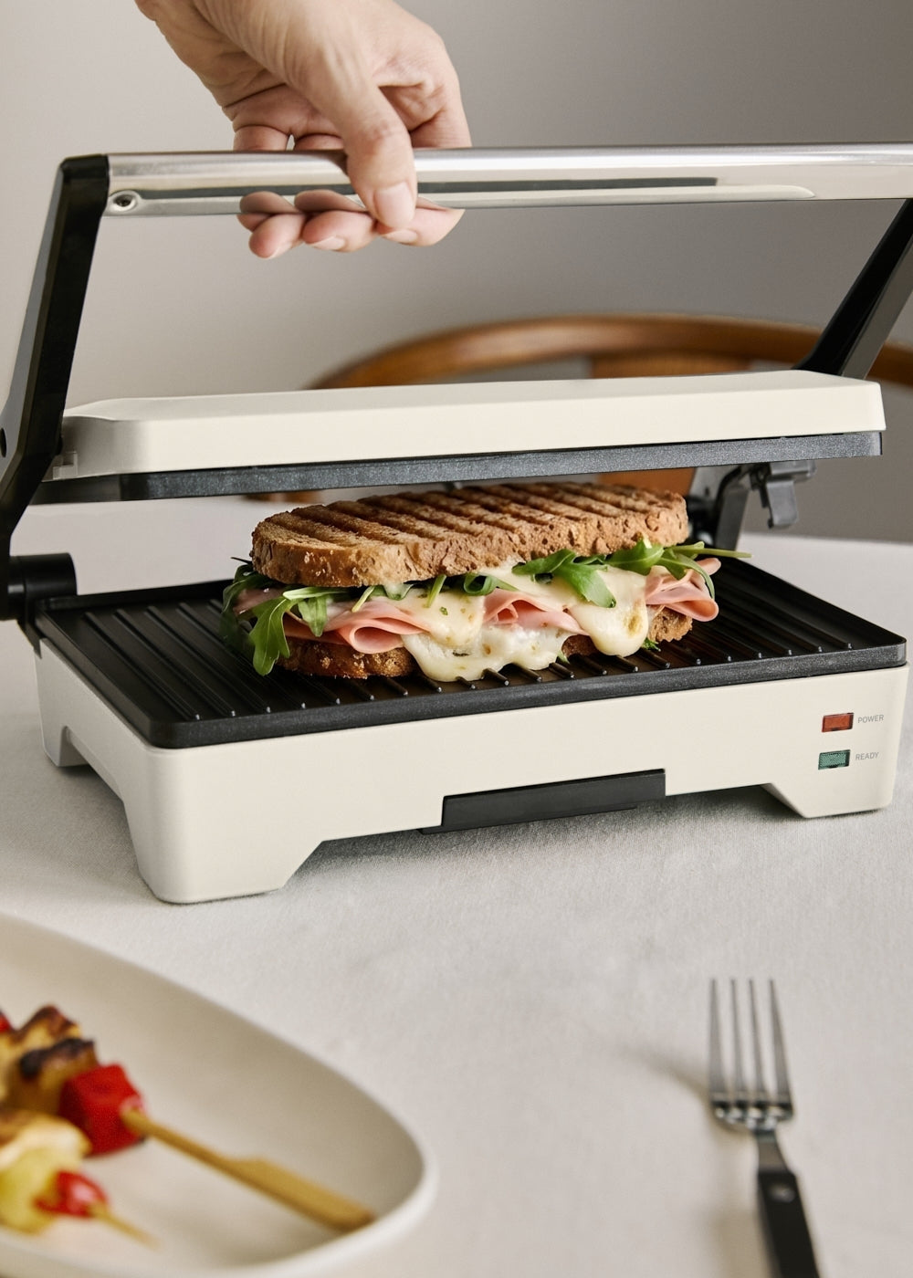 Stone Grill Easy - Grill Et Presse-Panini Multifonction 1600W Ouverture À 180° - Blanc Cassé