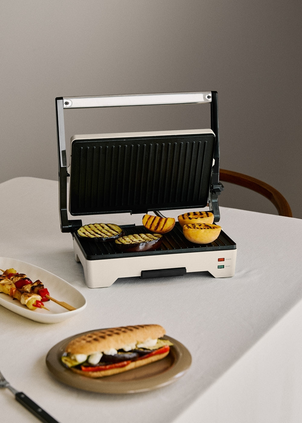 Stone Grill Easy - Grill Et Presse-Panini Multifonction 1600W Ouverture À 180° - Blanc Cassé