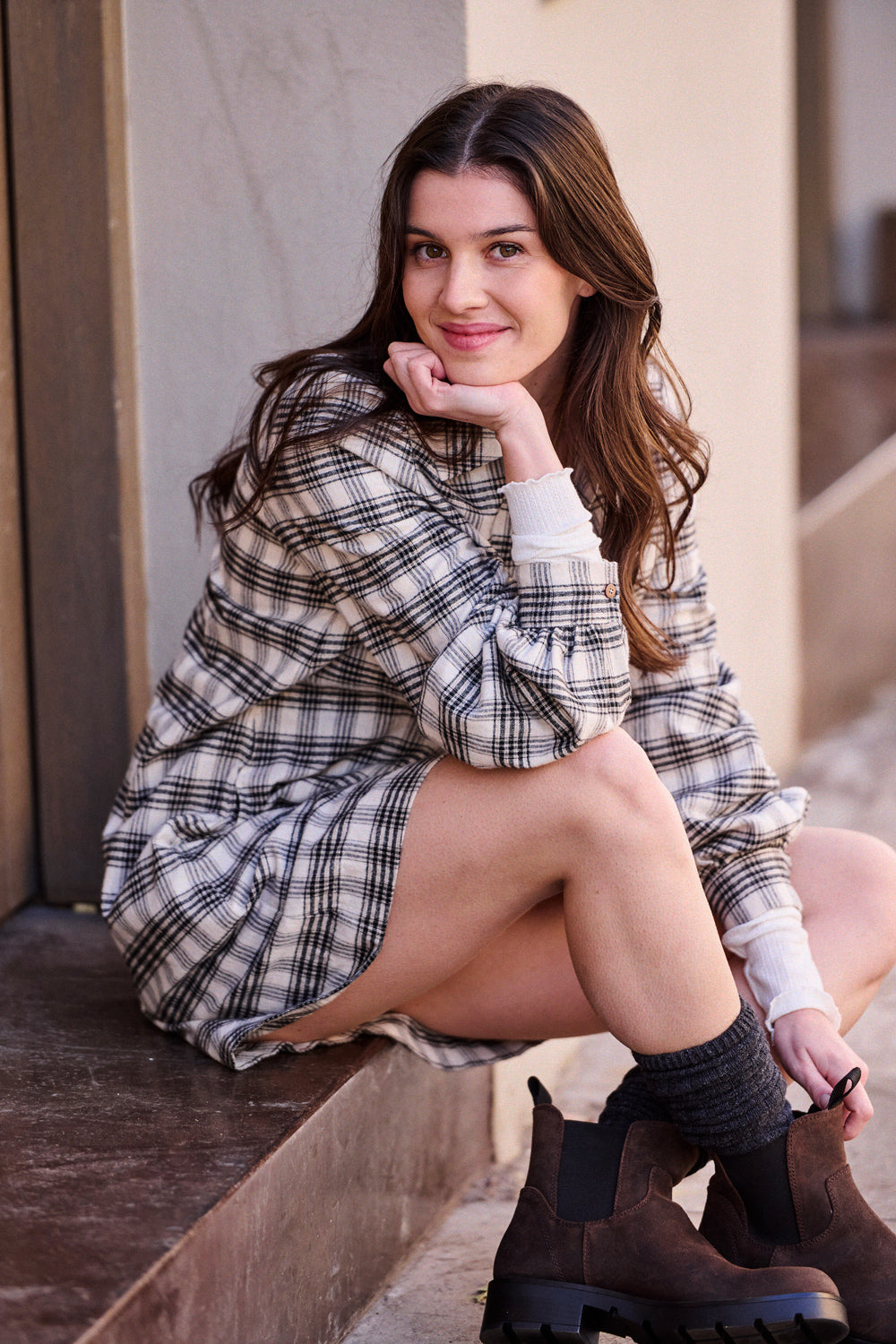 Ramondie Dress - Ecru with Black Checks