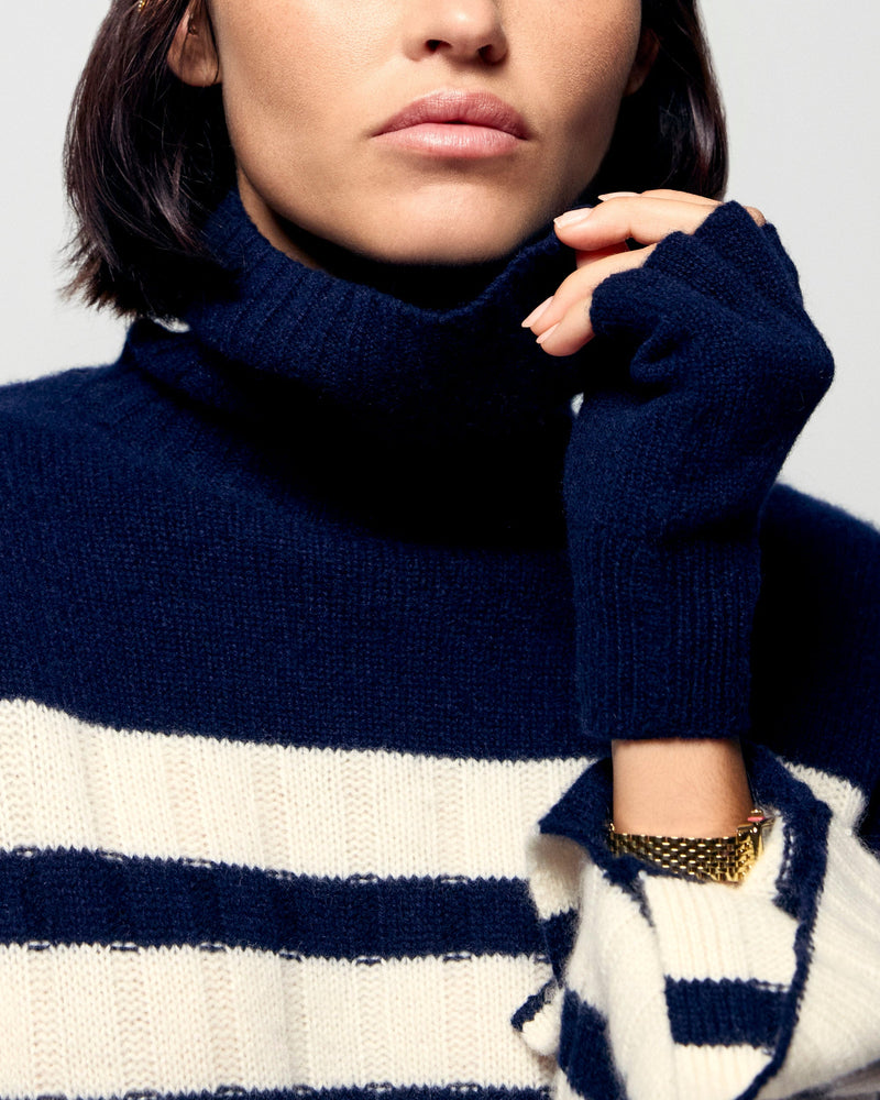 Pull Col Roulé Marinière - Navy - Femme