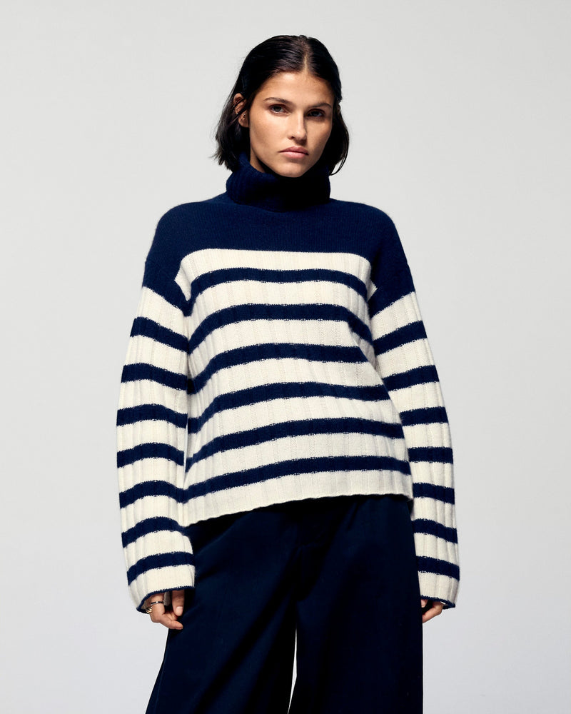 Pull Col Roulé Marinière - Navy - Femme