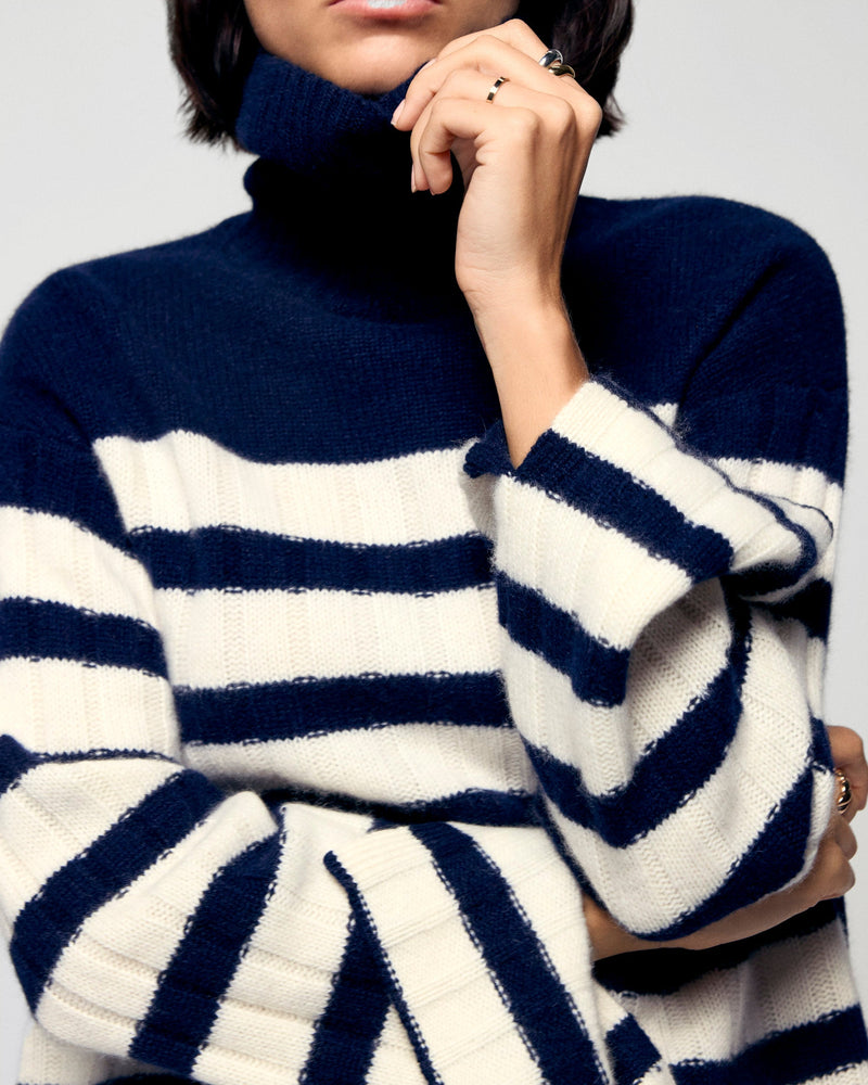 Pull Col Roulé Marinière - Navy - Femme