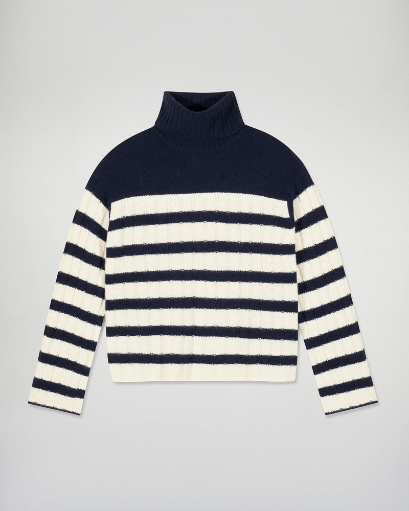 Pull Col Roulé Marinière - Navy - Femme