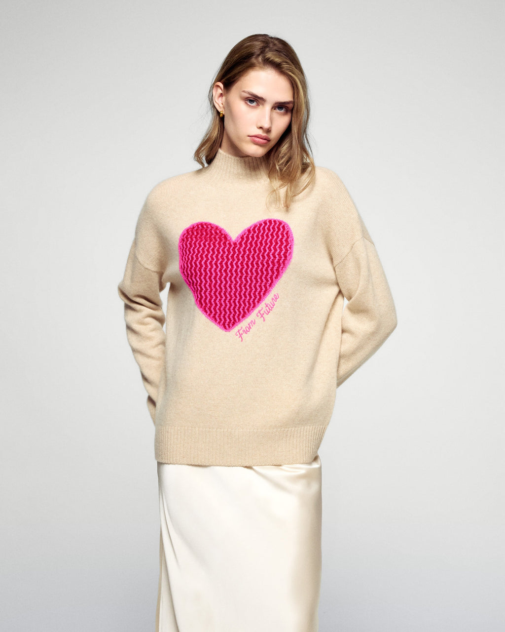 Maglione Collo Alto Cuore - Beige Melange - Donna