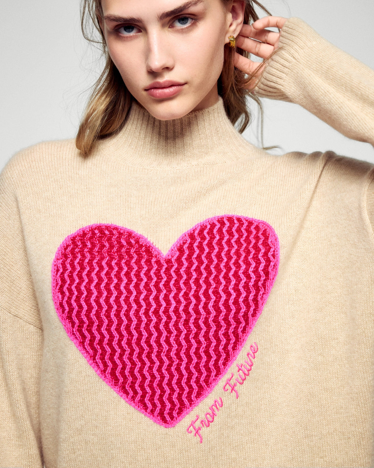 Maglione Collo Alto Cuore - Beige Melange - Donna