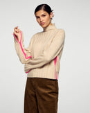 Pull Col Montant Liserés Contrastés - Beige Chiné - Femme
