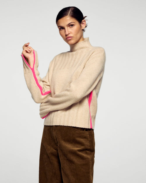 Pull Col Montant Liserés Contrastés - Beige Chiné - Femme