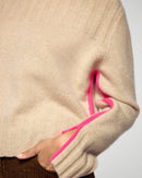 Pull Col Montant Liserés Contrastés - Beige Chiné - Femme