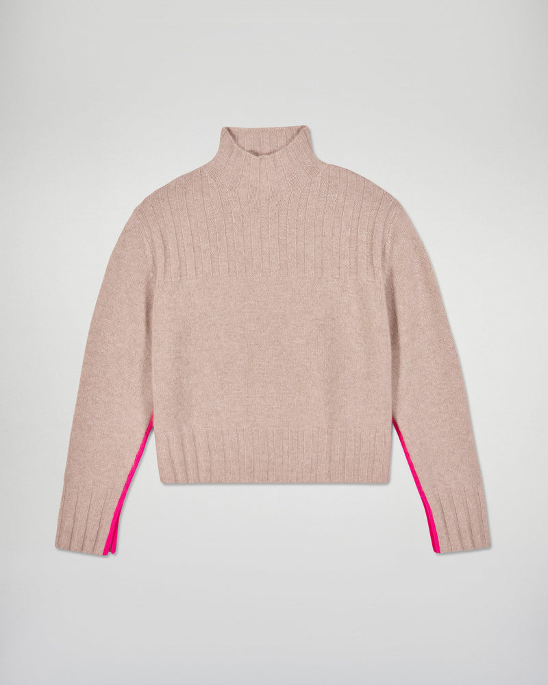 Pull Col Montant Liserés Contrastés - Beige Chiné - Femme