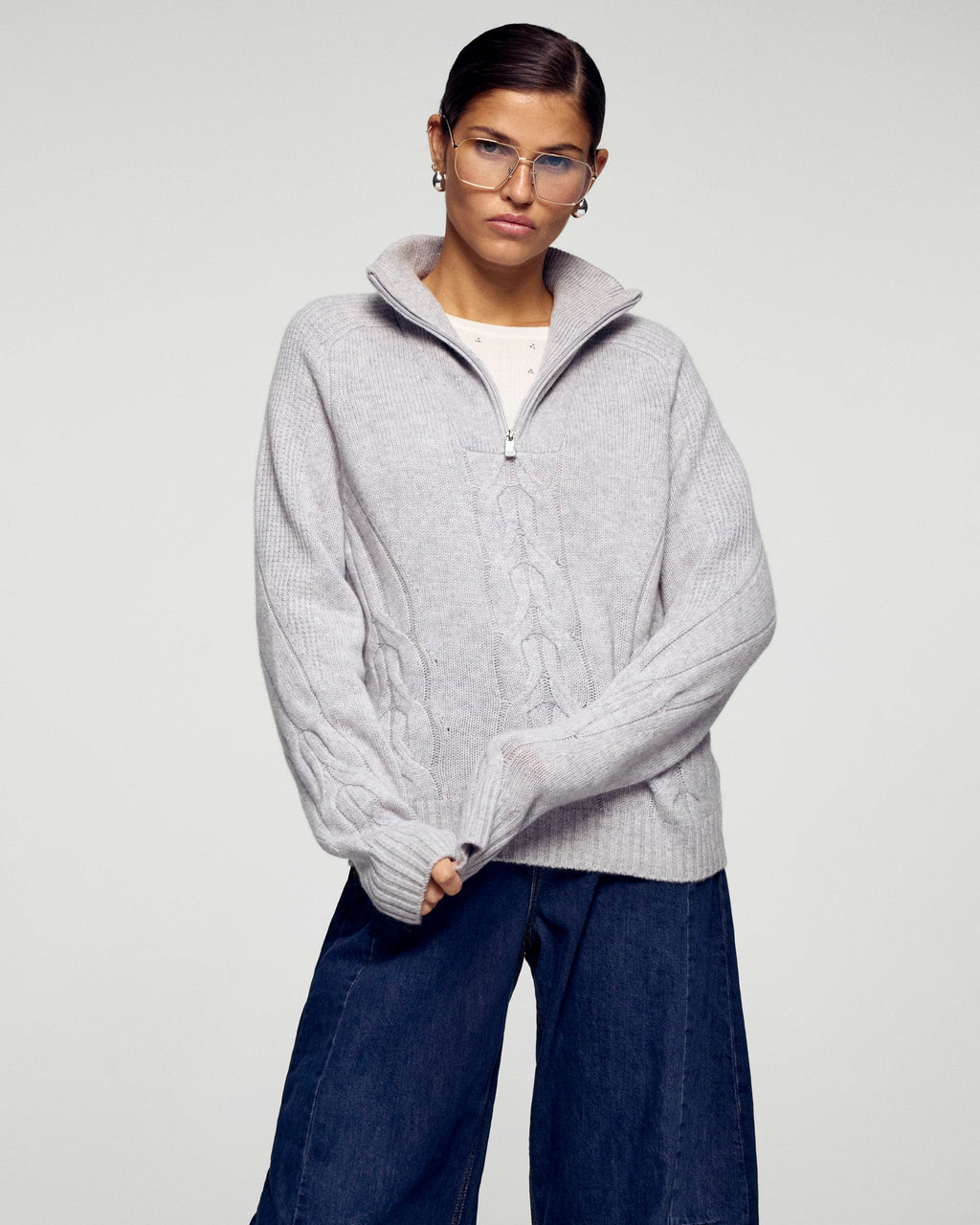 Cable-Knit Zip-Neck Jumper - Light Mottled Grey - Women