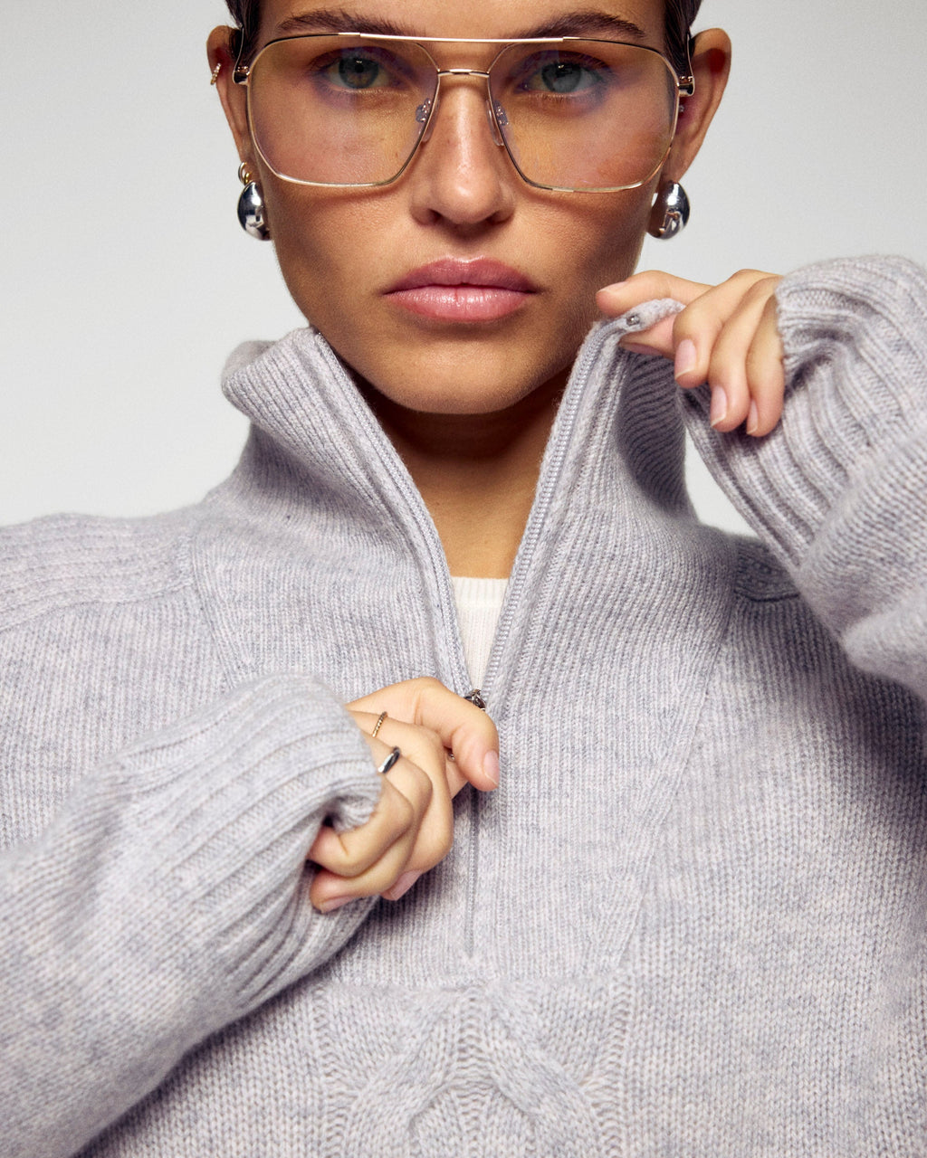Cable-Knit Zip-Neck Jumper - Light Mottled Grey - Women