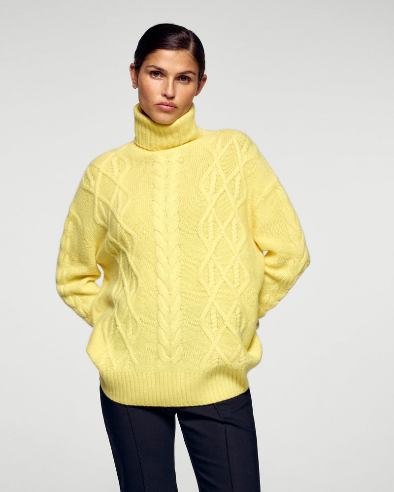 Pull Col Roulé À Torsades - Creamy Yellow - Femme