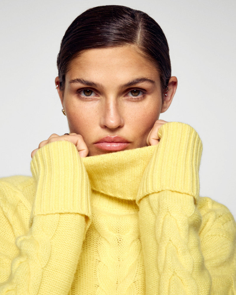 Pull Col Roulé À Torsades - Creamy Yellow - Femme
