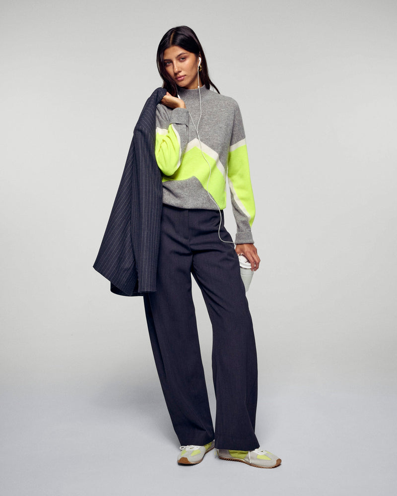 Pull Col Montant Color Block - Gris Chiné Foncé - Femme