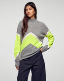 Pull Col Montant Color Block - Gris Chiné Foncé - Femme