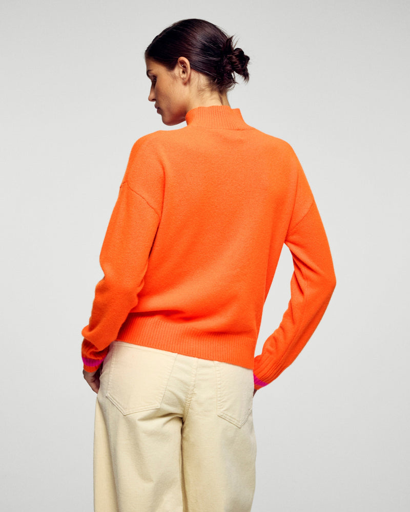Pull Col Montant Bande Manche Contrastée - Golden Orange - Femme