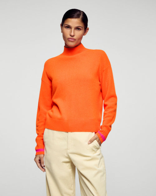 Pull Col Montant Bande Manche Contrastée - Golden Orange - Femme
