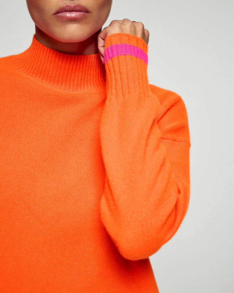 Pull Col Montant Bande Manche Contrastée - Golden Orange - Femme
