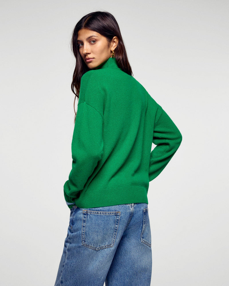 Pull Col Montant Bande Manche Contrastée - Wild Green - Femme
