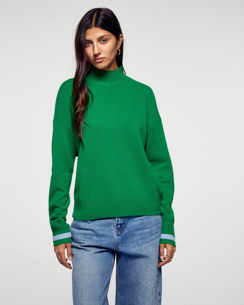 Pull Col Montant Bande Manche Contrastée - Wild Green - Femme