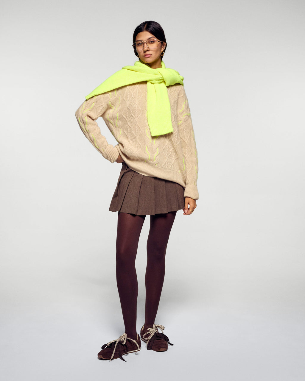 Pull Col Rond À Torsades Bicolores - Beige Chiné - Femme