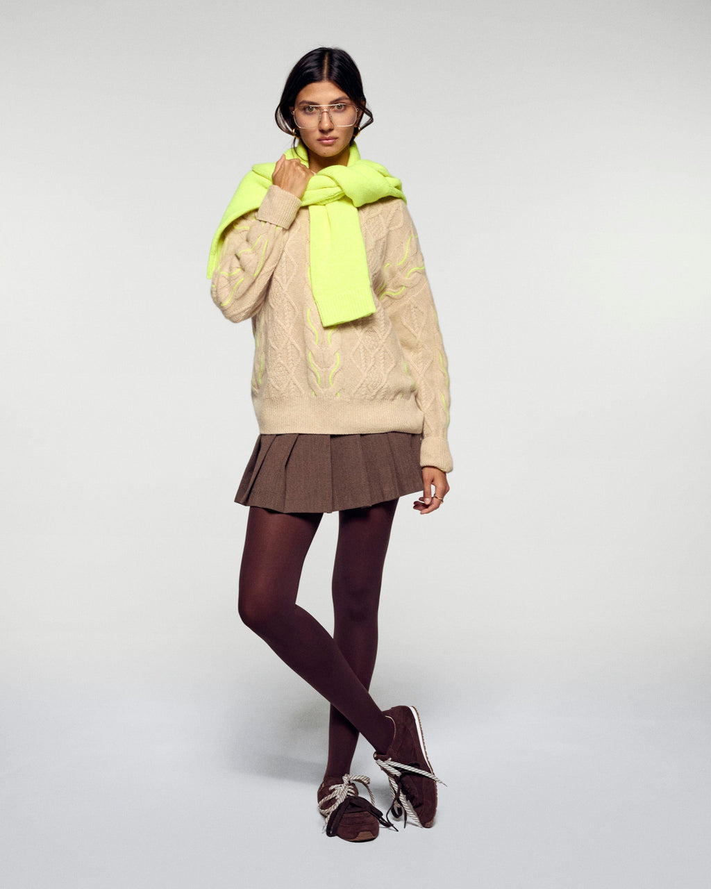 Pull Col Rond À Torsades Bicolores - Beige Chiné - Femme