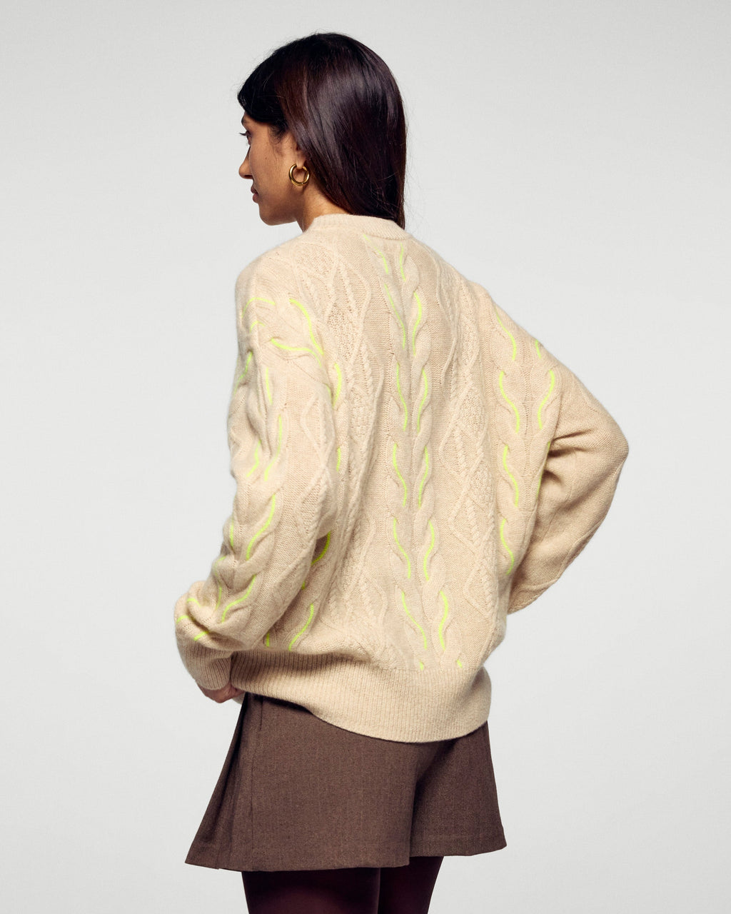 Pull Col Rond À Torsades Bicolores - Beige Chiné - Femme