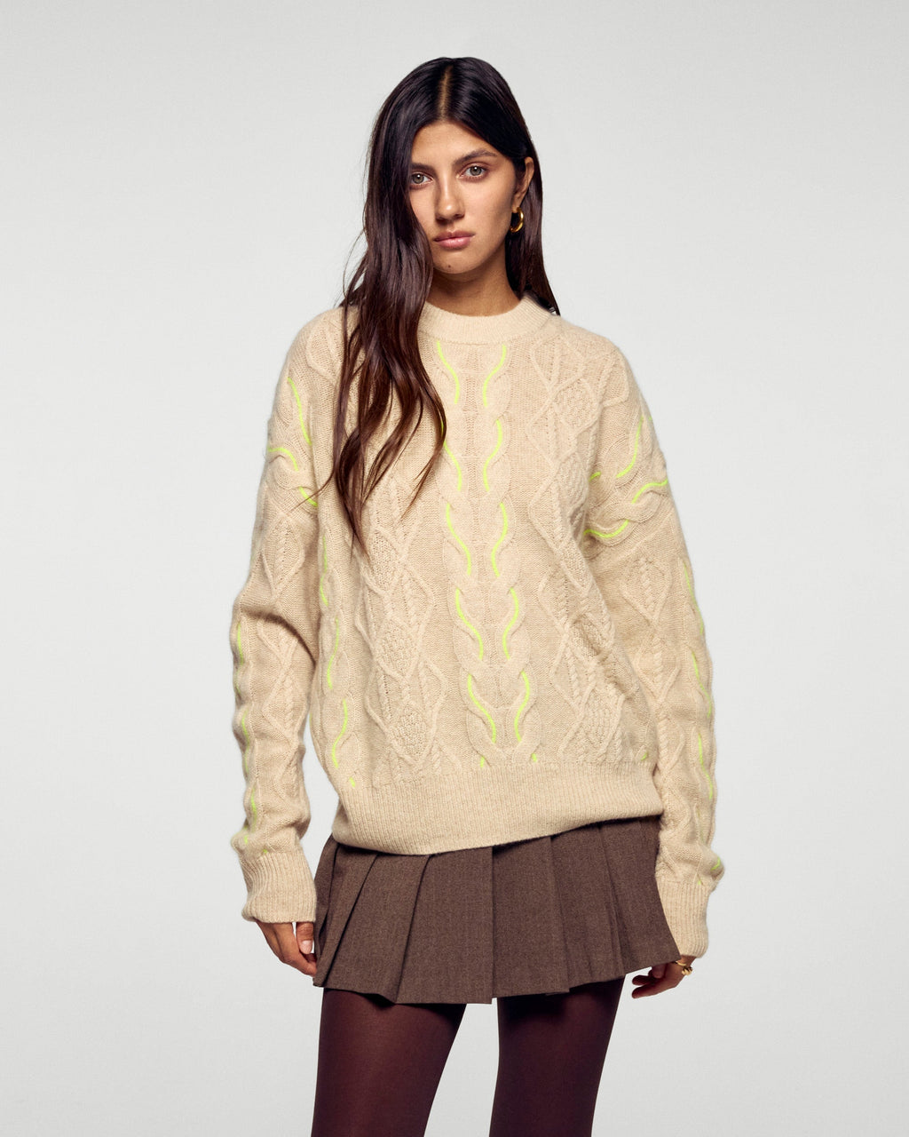 Pull Col Rond À Torsades Bicolores - Beige Chiné - Femme