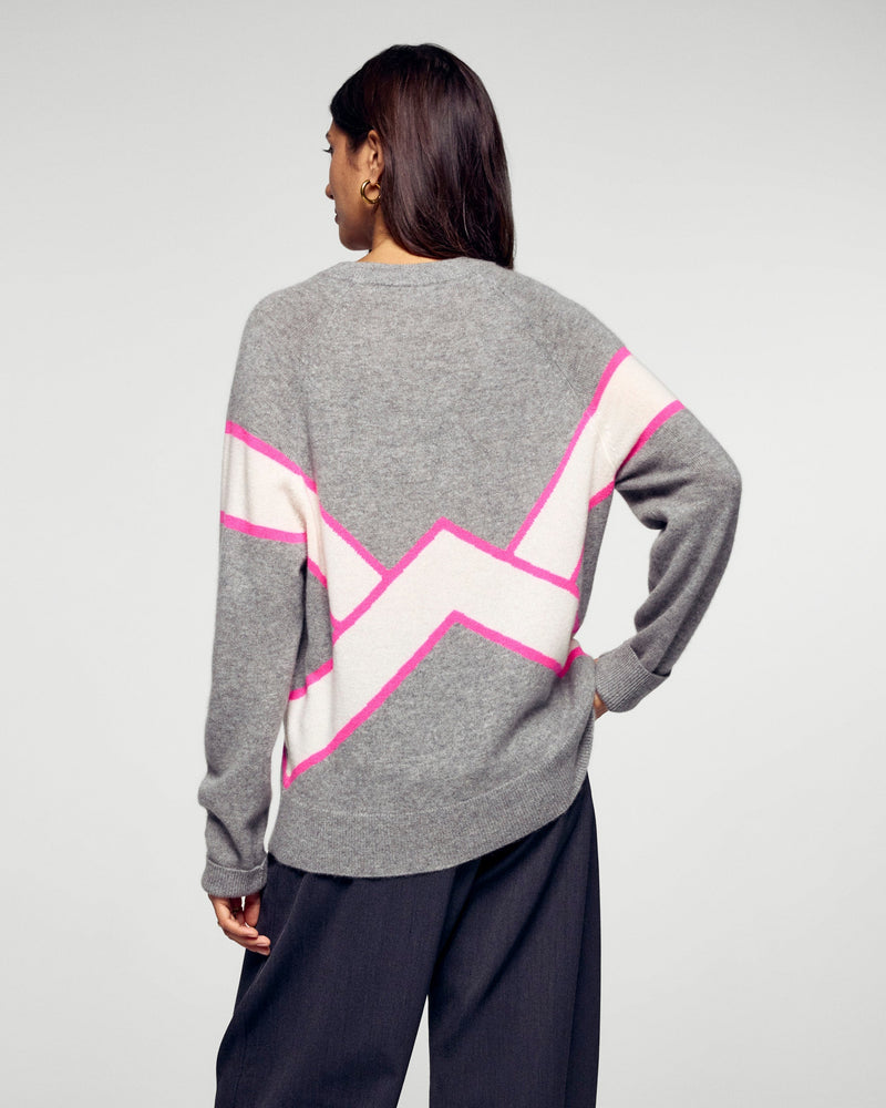 Pull Col Rond À Bandes Contrastées - Gris Chiné Foncé - Femme