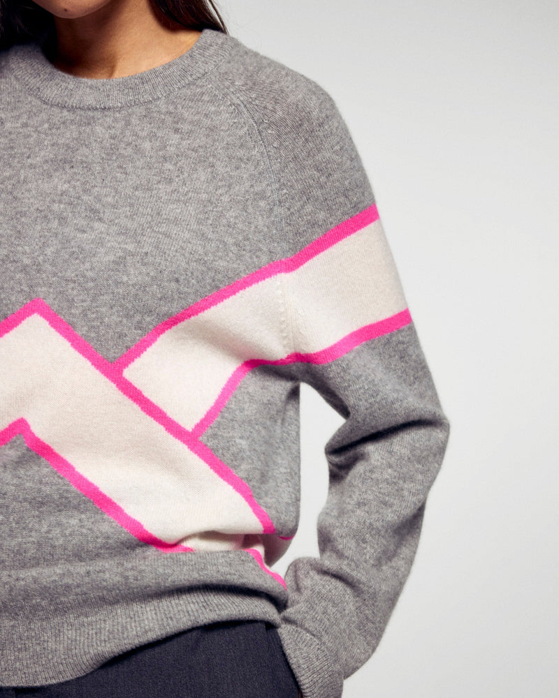 Pull Col Rond À Bandes Contrastées - Gris Chiné Foncé - Femme