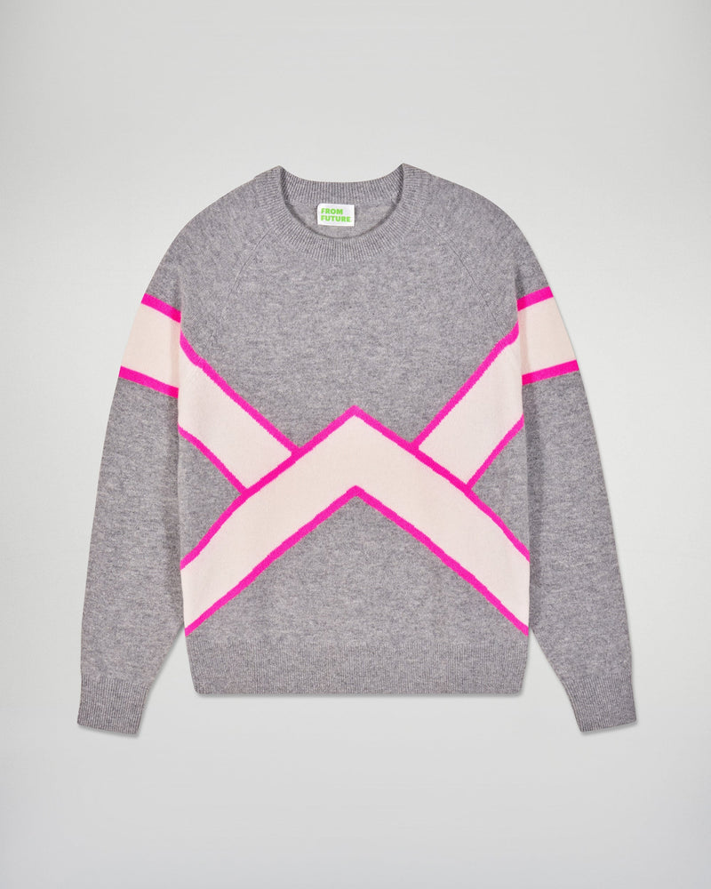 Pull Col Rond À Bandes Contrastées - Gris Chiné Foncé - Femme