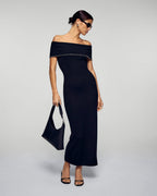 Vestido largo palabra de honor con escote Bardot y strass - Negro - Mujer