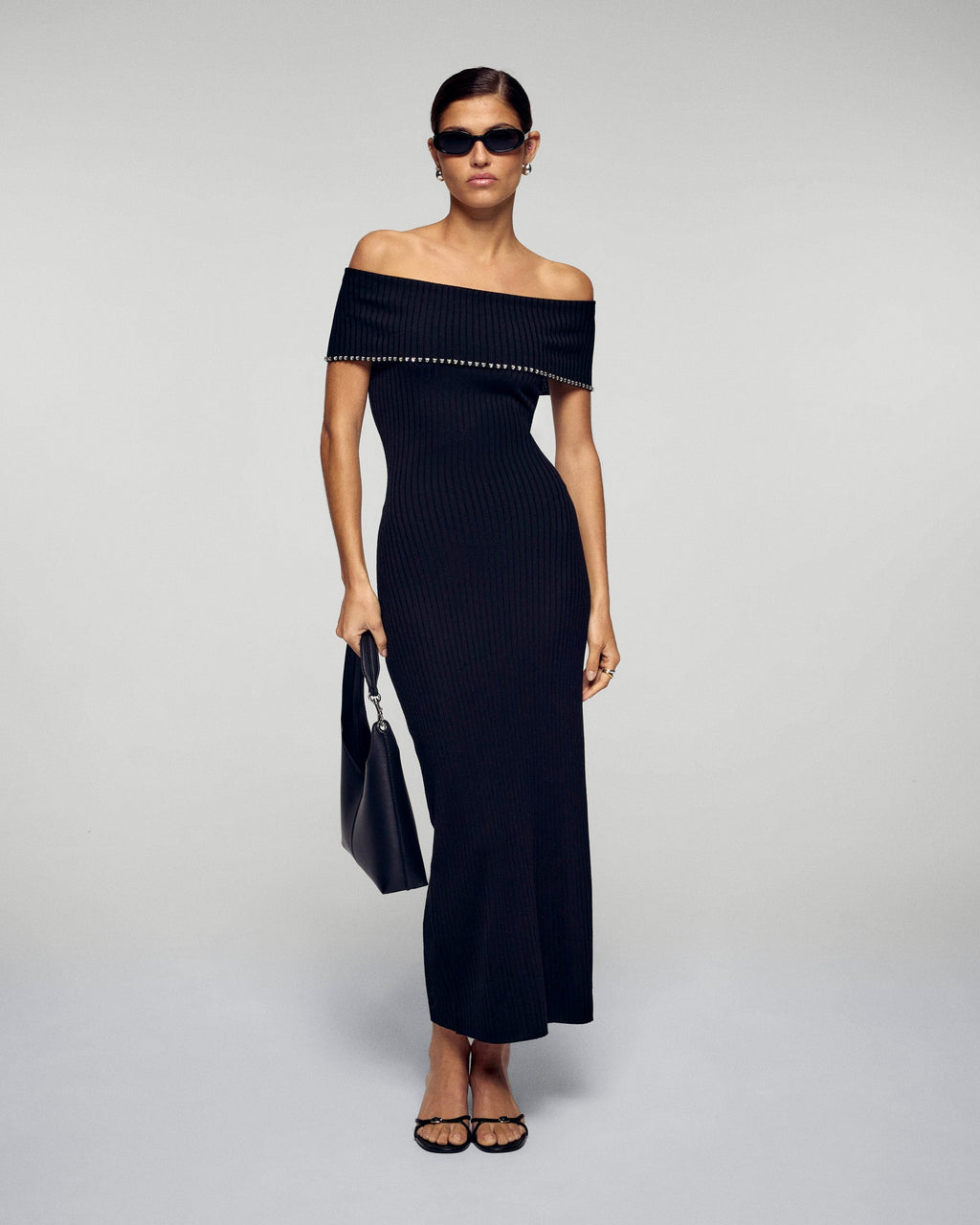Vestido largo palabra de honor con escote Bardot y strass - Negro - Mujer