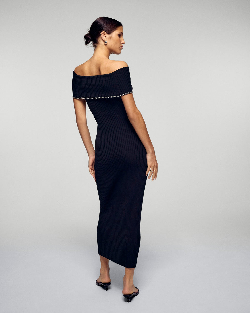 Vestido largo palabra de honor con escote Bardot y strass - Negro - Mujer