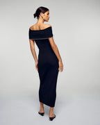 Vestido largo palabra de honor con escote Bardot y strass - Negro - Mujer