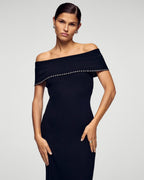 Vestido largo palabra de honor con escote Bardot y strass - Negro - Mujer